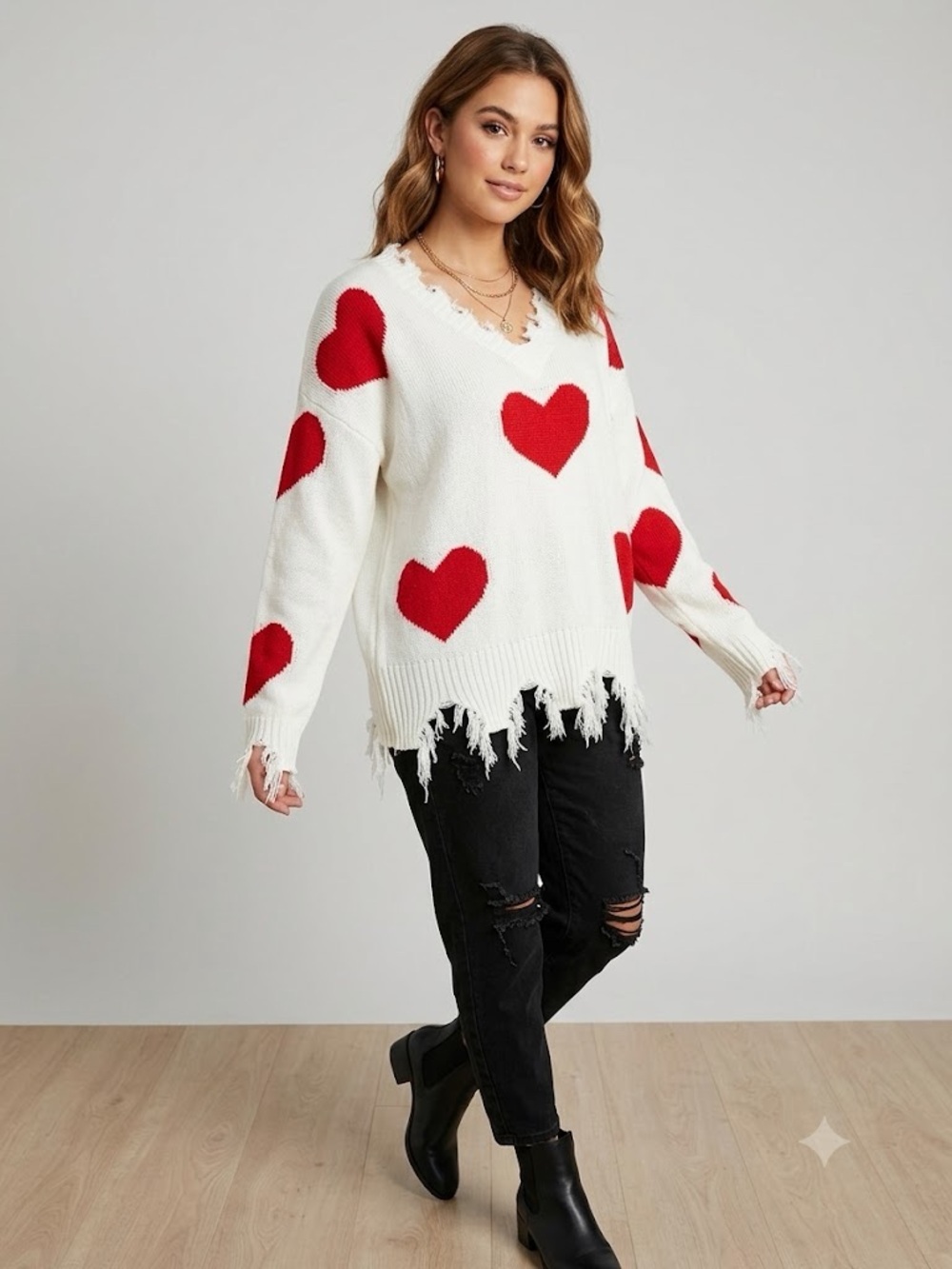 White V-Neck Sweater with Red Heart Motif